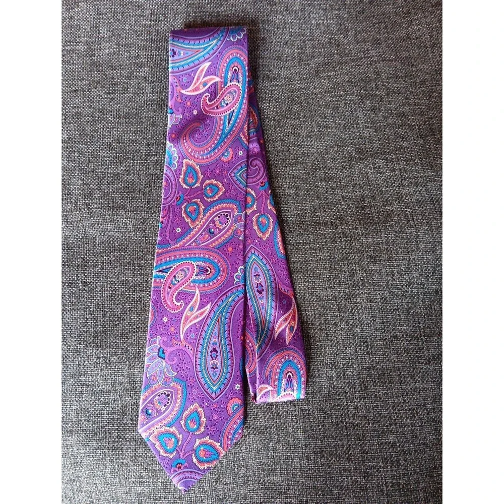 Tie 70s 80s 90s Y2K Croft And Barrow Silk Purple Aqua Paisley 3.25 Wide 58 Long